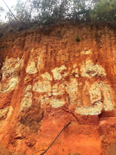 Weathered granite blocks in red saprolitic clay