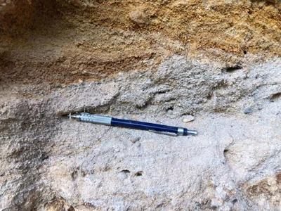 Fine-grained pale saprolite with kaolinized texture, photographed with a pencil for scale.