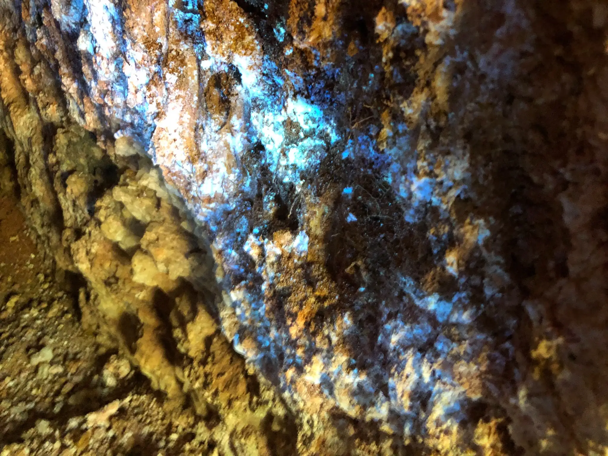 UV light showing bright blue fluorescence in a weathered quartz-rich sample.