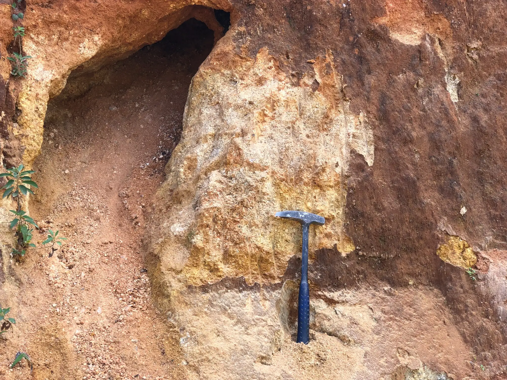 Iron-oxidized outcrop with clay-rich material and quartz-feldspar textures