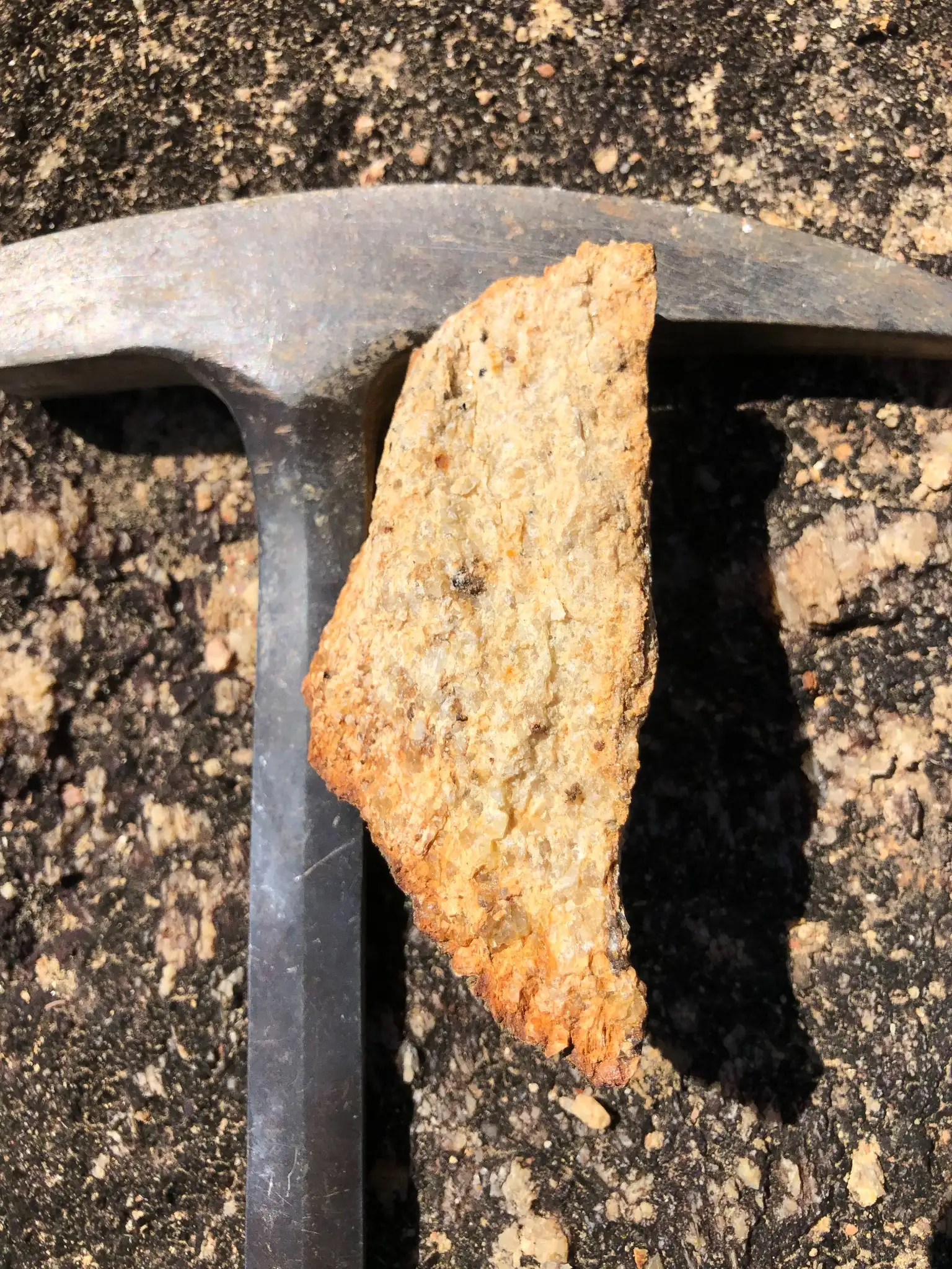 Hand sample of coarse-grained granite displaying feldspar-rich texture with minor biotite and iron-oxide staining.