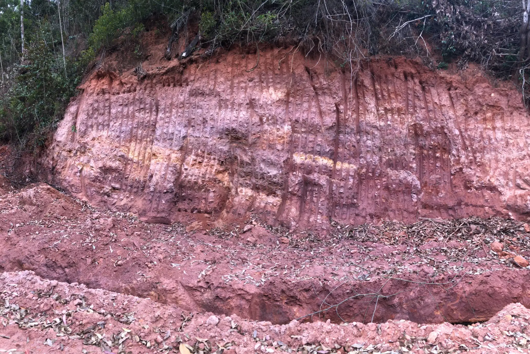 Roadcut exposure showing thick saprolitic weathering profile with hematitic and kaolinitic zoning over granitic bedrock.