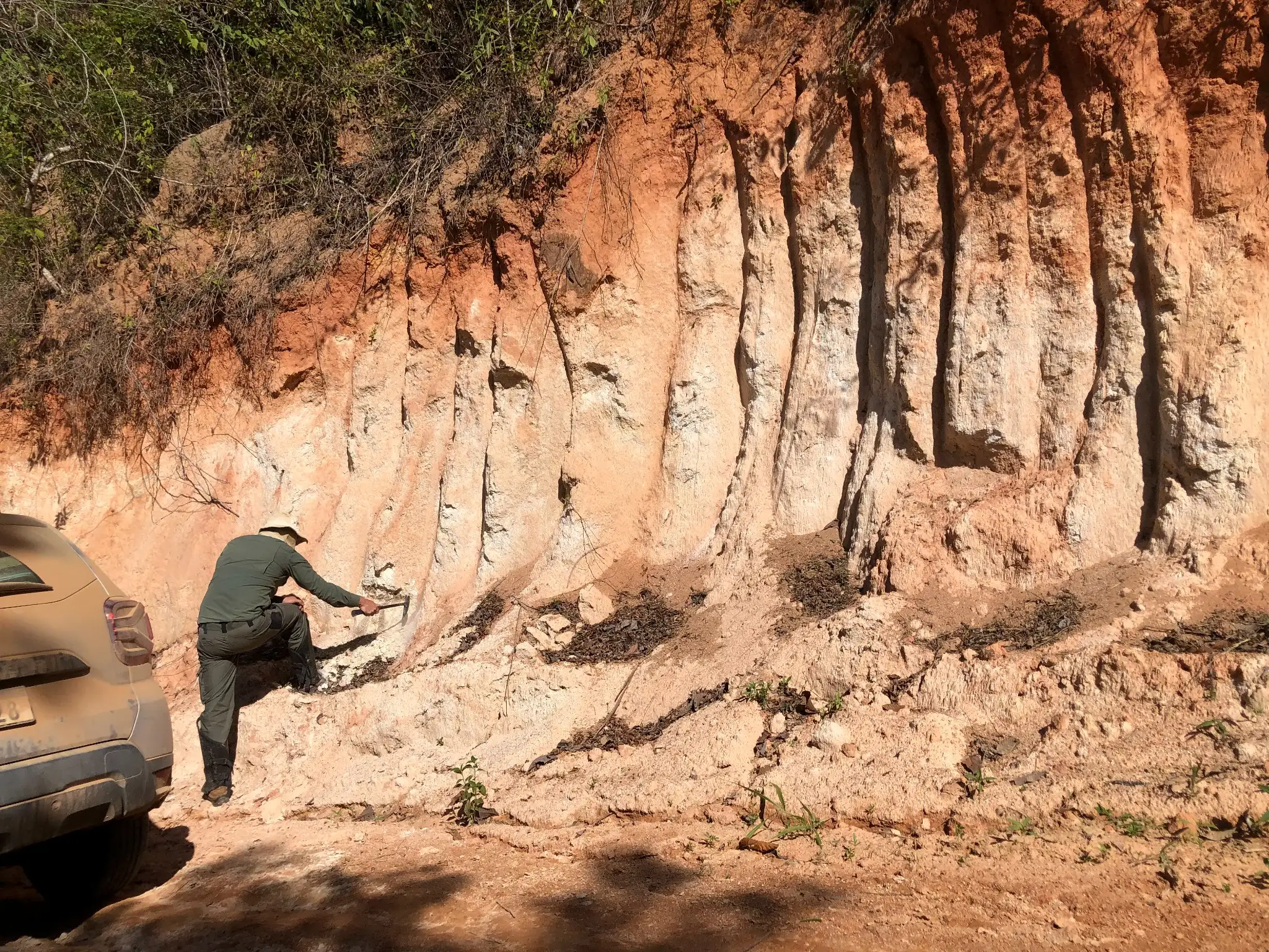 Geologist sampling a weathered saprolitic exposure showing alternating kaolinite-rich and oxidized bands derived from granitic bedrock.