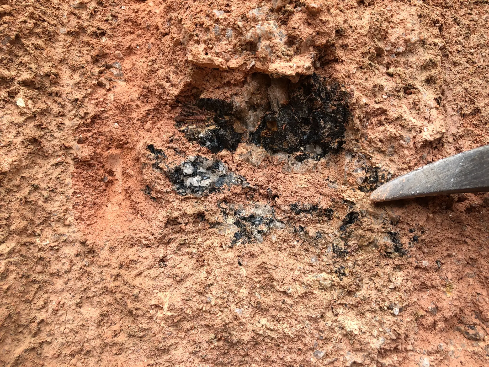 Dark band exposed within weathered saprolitic material, showing remnant quartz and biotite-rich textures.