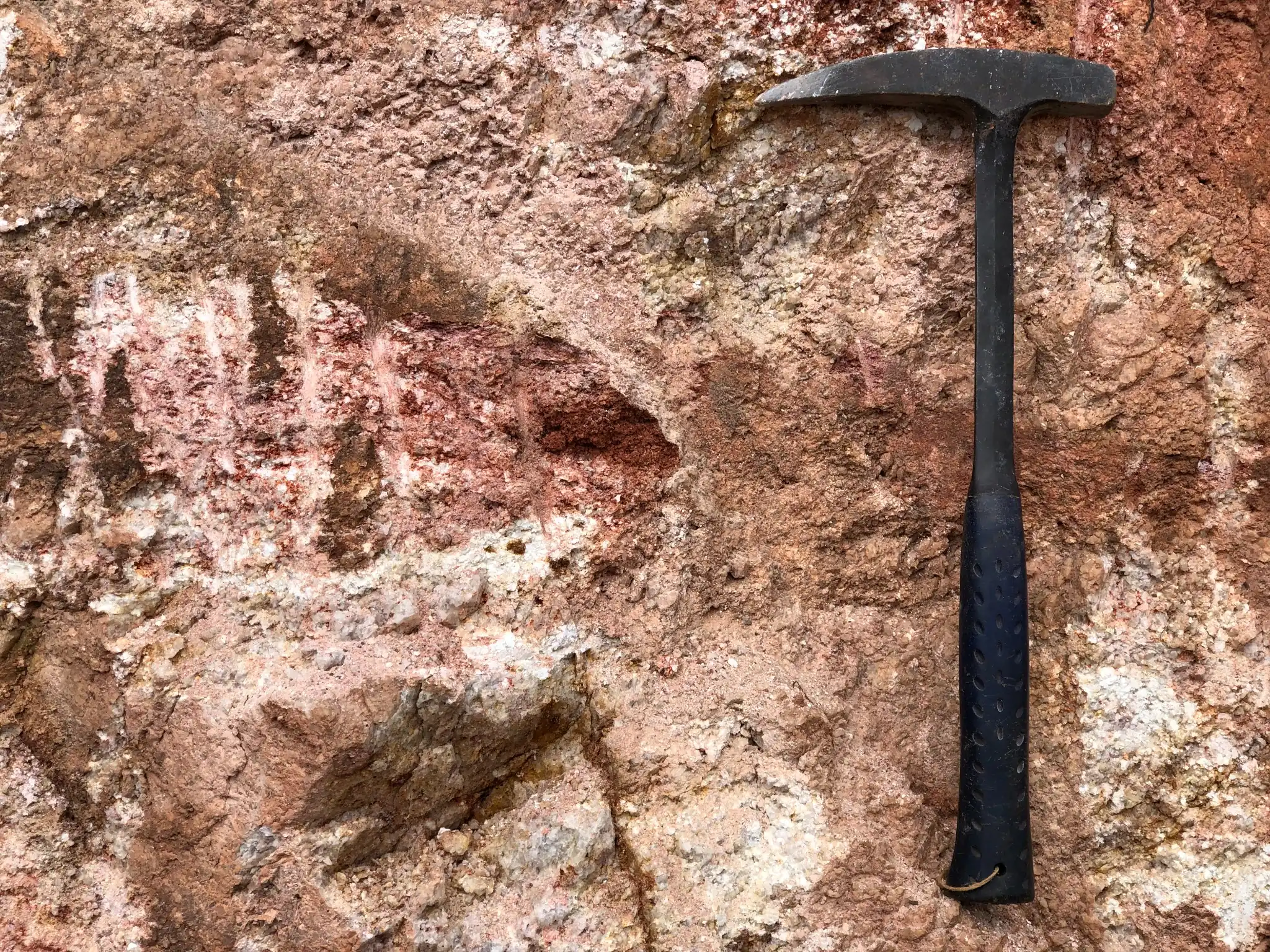 Clay-altered saprolite with iron-oxide staining and relict pegmatitic texture.