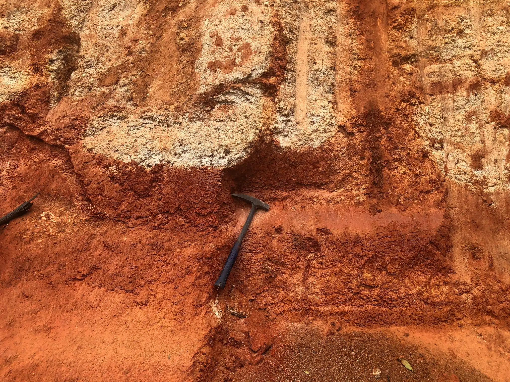 Layered weathering profile with pale saprolite beneath red lateritic soil.