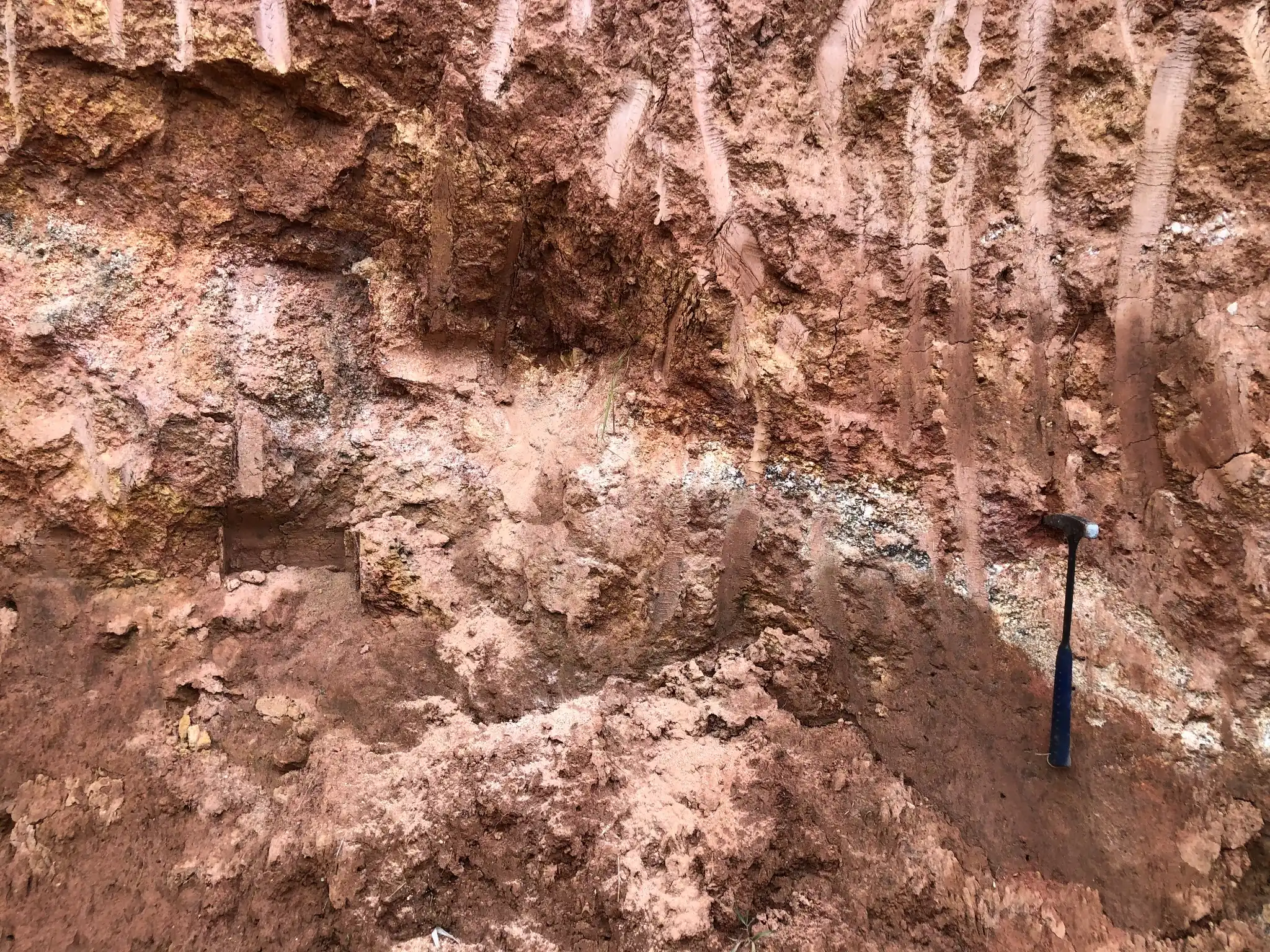 Saprolitic granite profile with in-situ weathering and quartz-feldspar layers at Novo Cruzeiro.