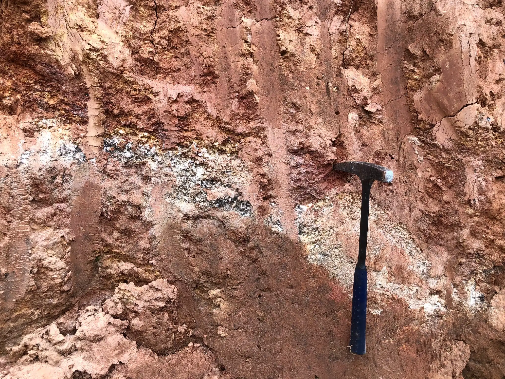 Saprolitic granite profile with quartz-feldspar banding and red matrix