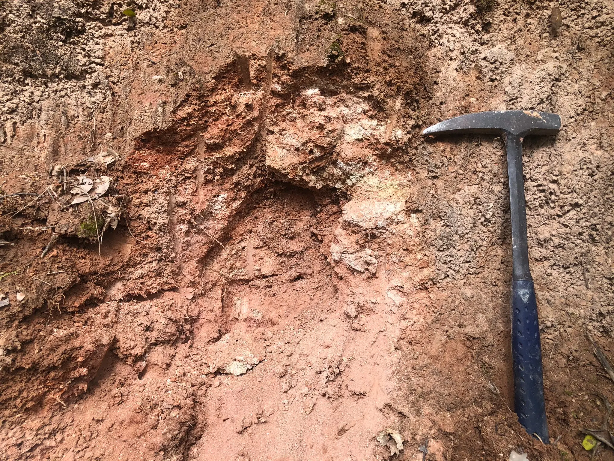 Weathered granitic saprolite with bleached feldspar and iron staining