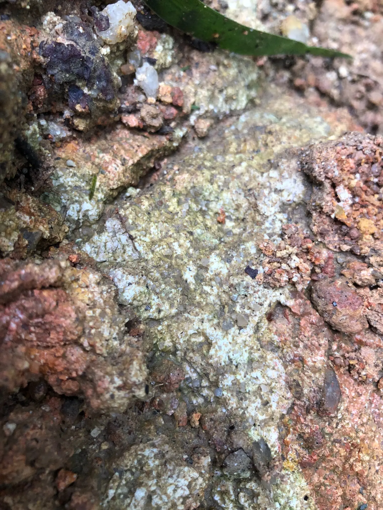 Weathered granitic outcrop with kaolinized zones and quartz-feldspar remnants