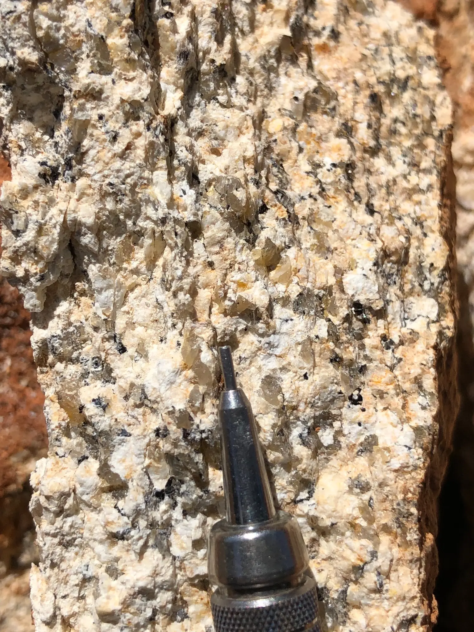 Coarse-grained granite with quartz, feldspar, and biotite shown beside a pencil tip.