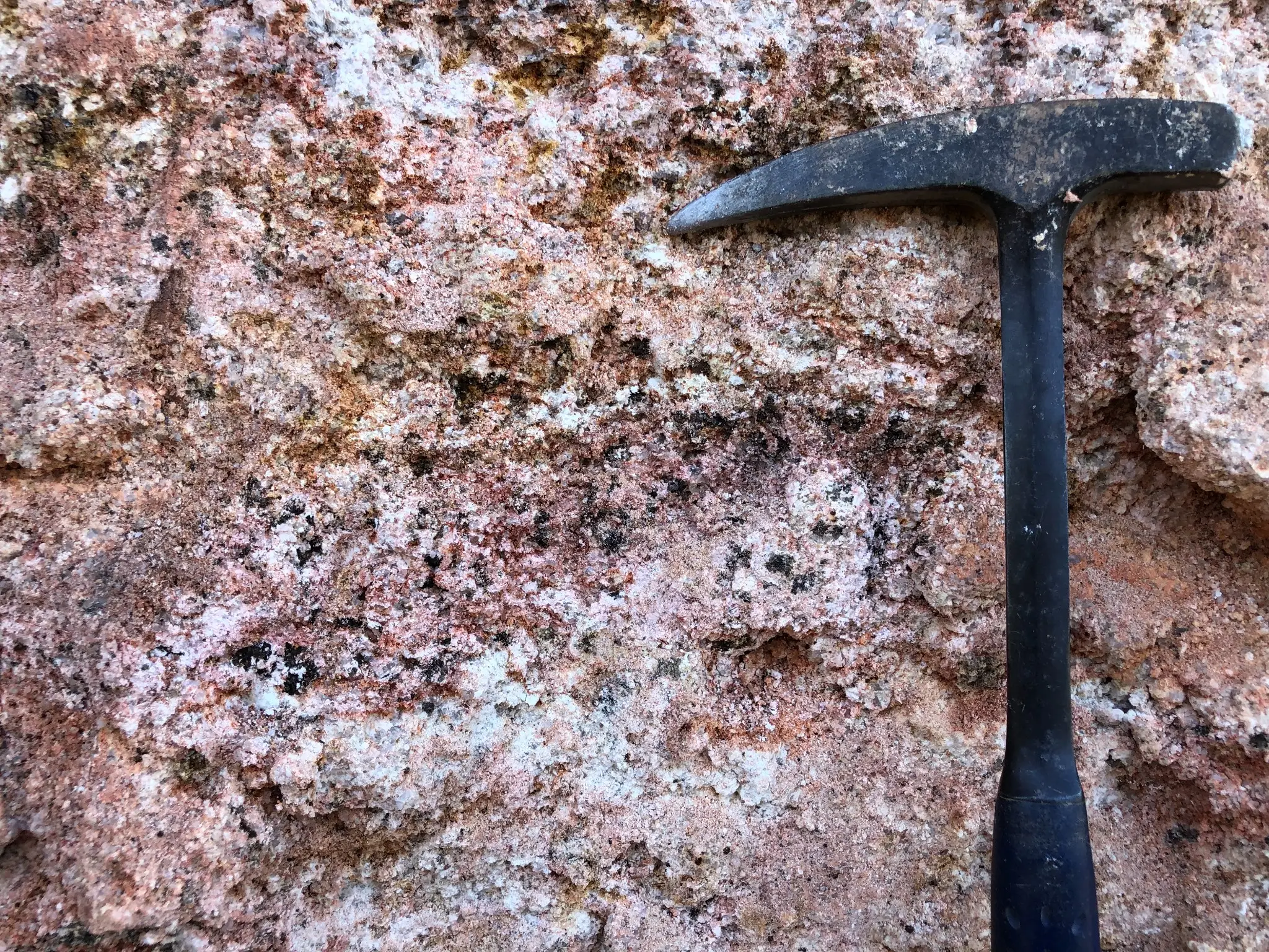 Close-up of weathered pegmatitic rock with pink feldspar and milky quartz.