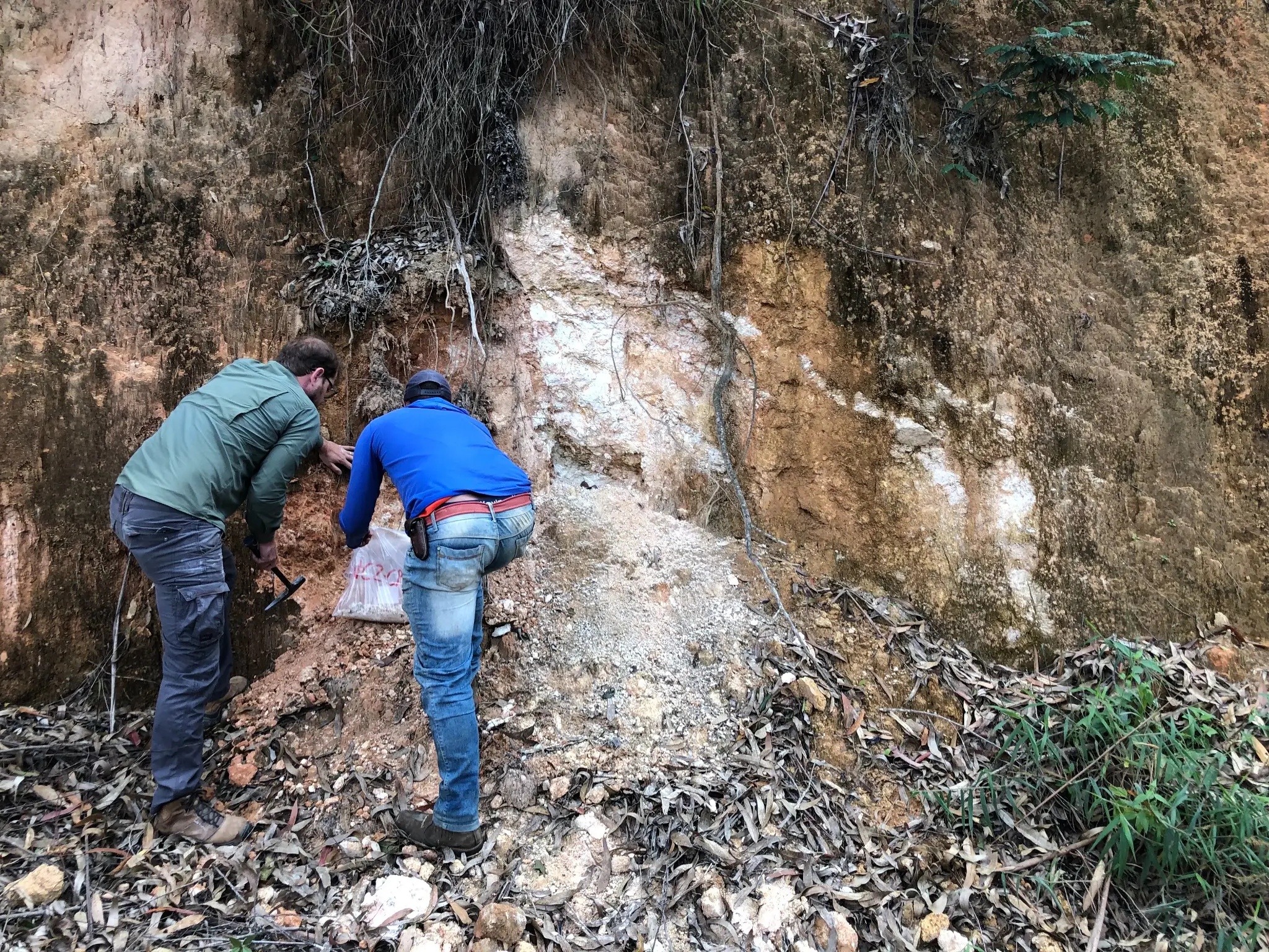 Geologists collecting saprolite samples from a weathered granitic outcrop.