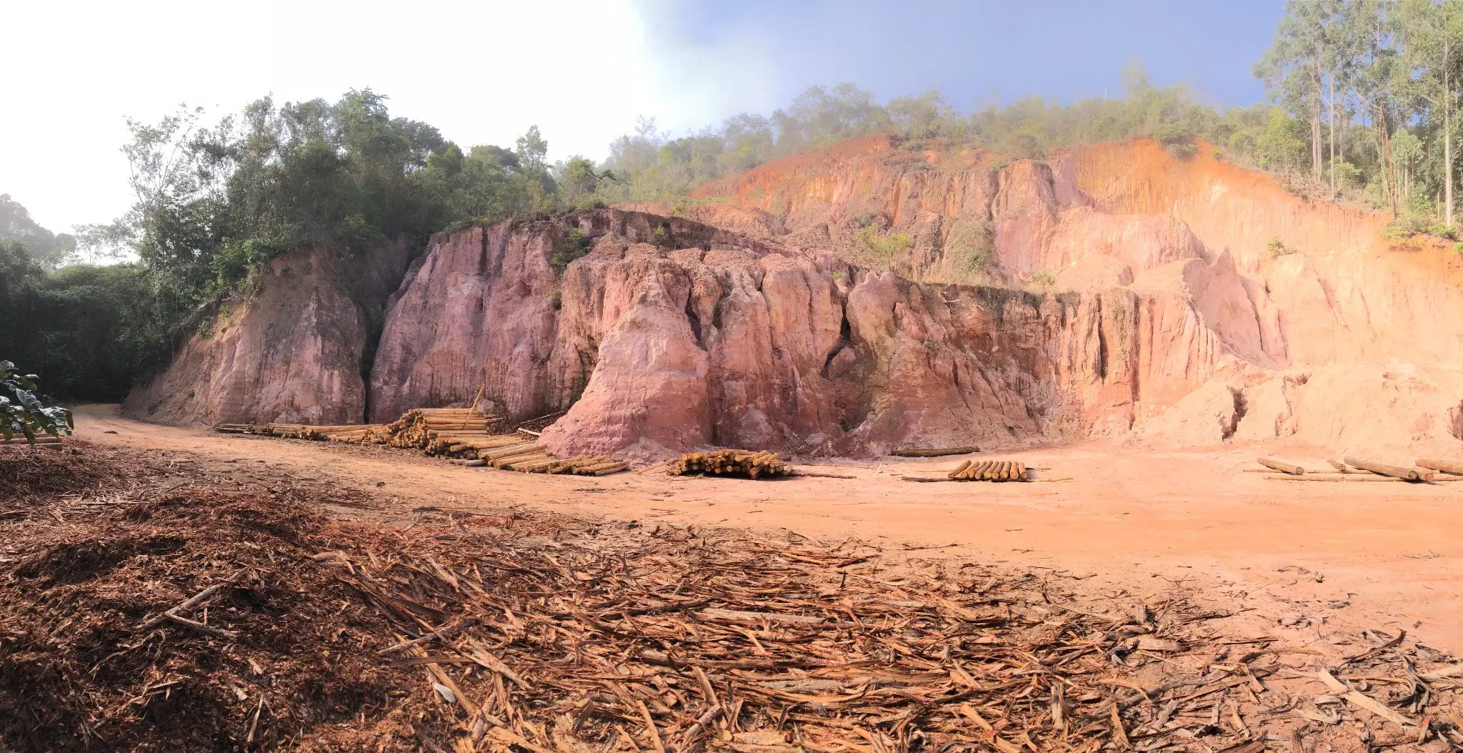 Panoramic view of a large weathered pegmatitic exposure within an old open-pit cut.