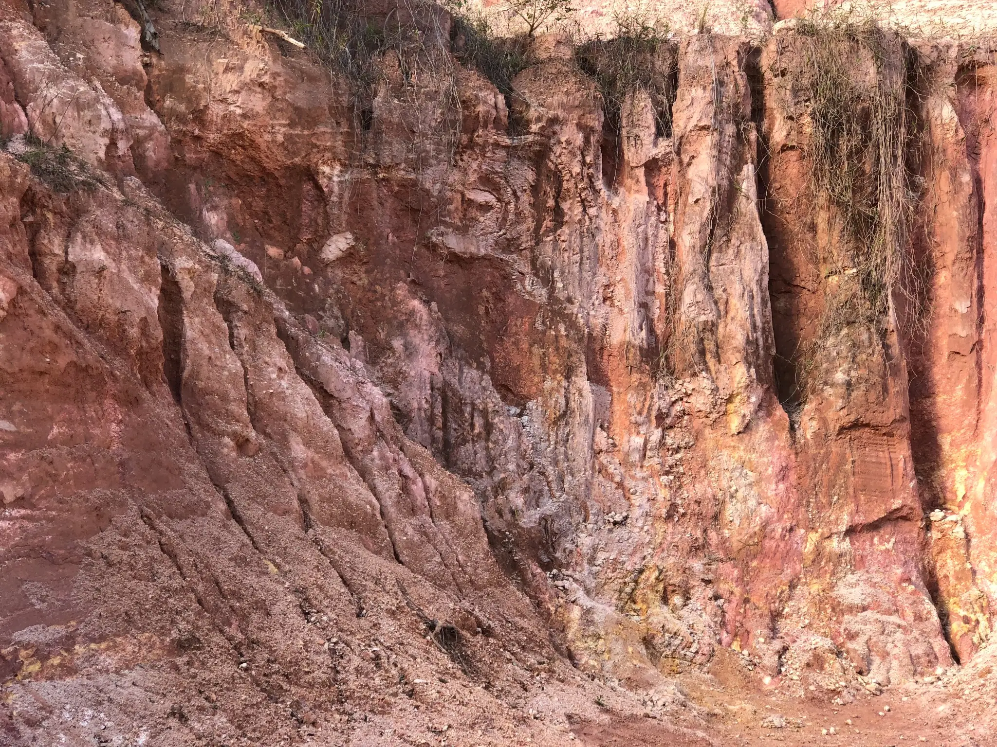 Exposed saprolite face with pink, orange, and pale-yellow weathering bands.