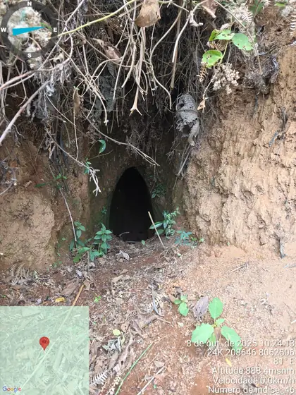 Well-preserved artisanal mine entrance cut into a weathered hillside at Novo Cruzeiro.