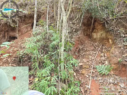 Cluster of shallow artisanal diggings along a weathered hillside in Novo Cruzeiro.