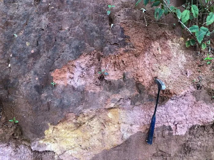 Layered saprolite profile with yellow, purple, and brown weathering colours.