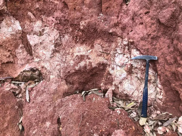 Red saprolite exposure with pale weathered pegmatite zones