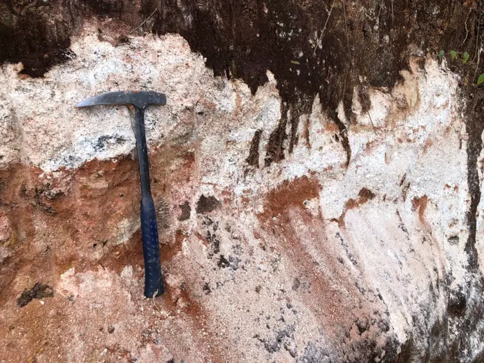 Deeply weathered pegmatite with clay-rich and iron-stained zones