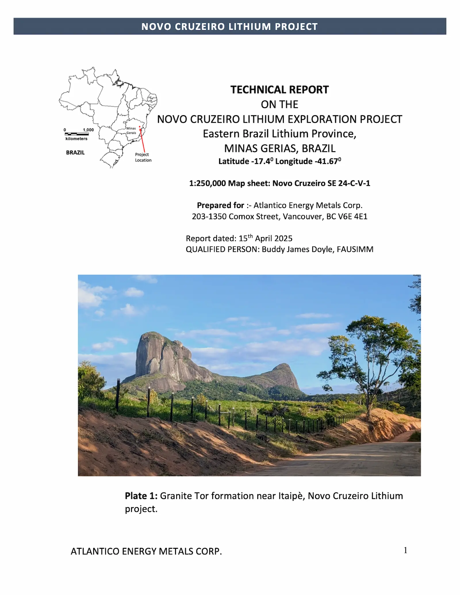 Cover page of NI 43-101 Technical Report — Novo Cruzeiro